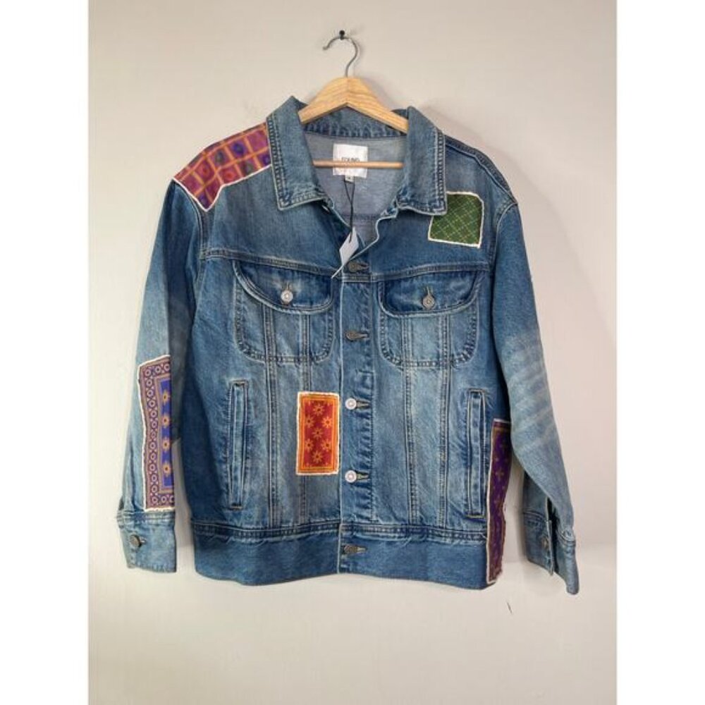 NWT Found Kantha Patchwork Denim Collared Neckline Trucker Button Jacket Blue - Picture 2 of 7